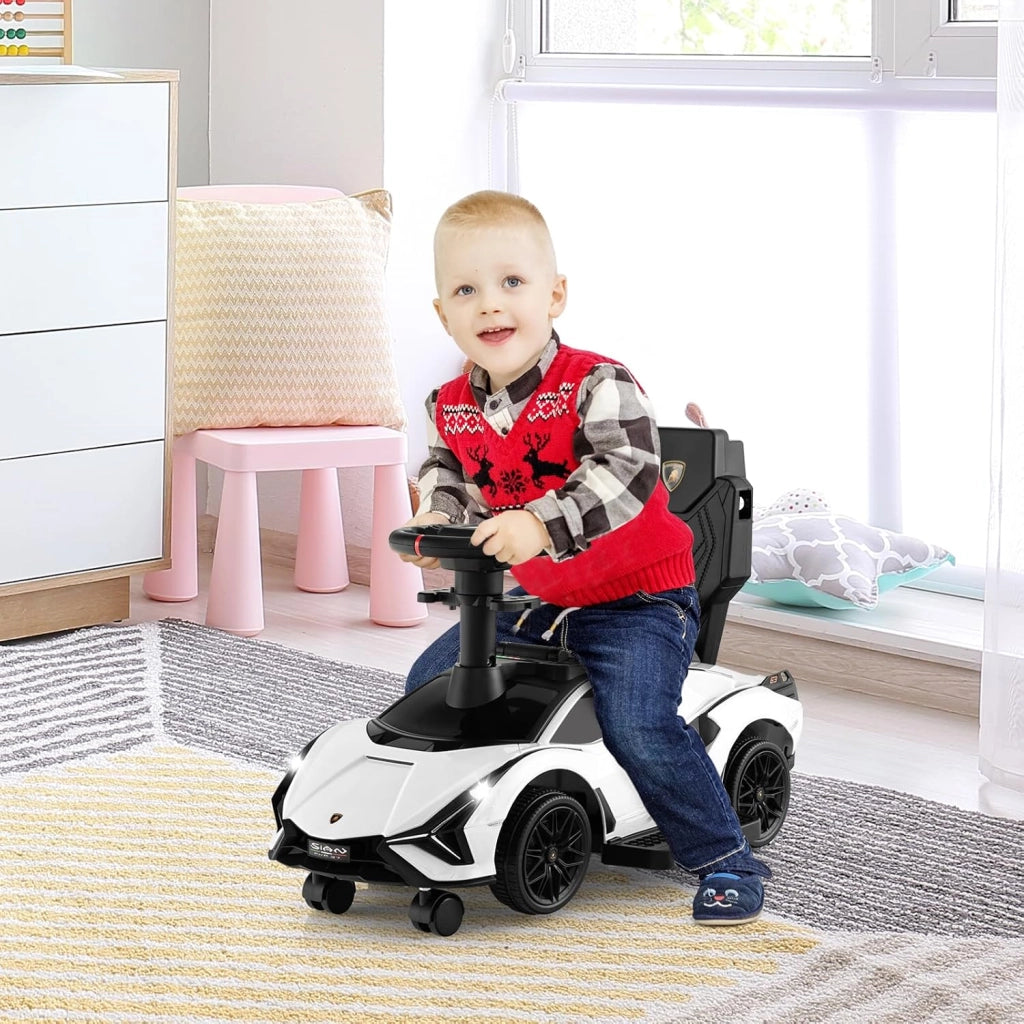 3 in 1 Auto da Spinta, Auto Scorrevole con Paracolpi e Manubrio Rimovibili Musica e Fari, Spazio di Stoccaggio Nascosto e Ruote Universali Staccabili, Bambini 18-24 Mesi (Bianco)