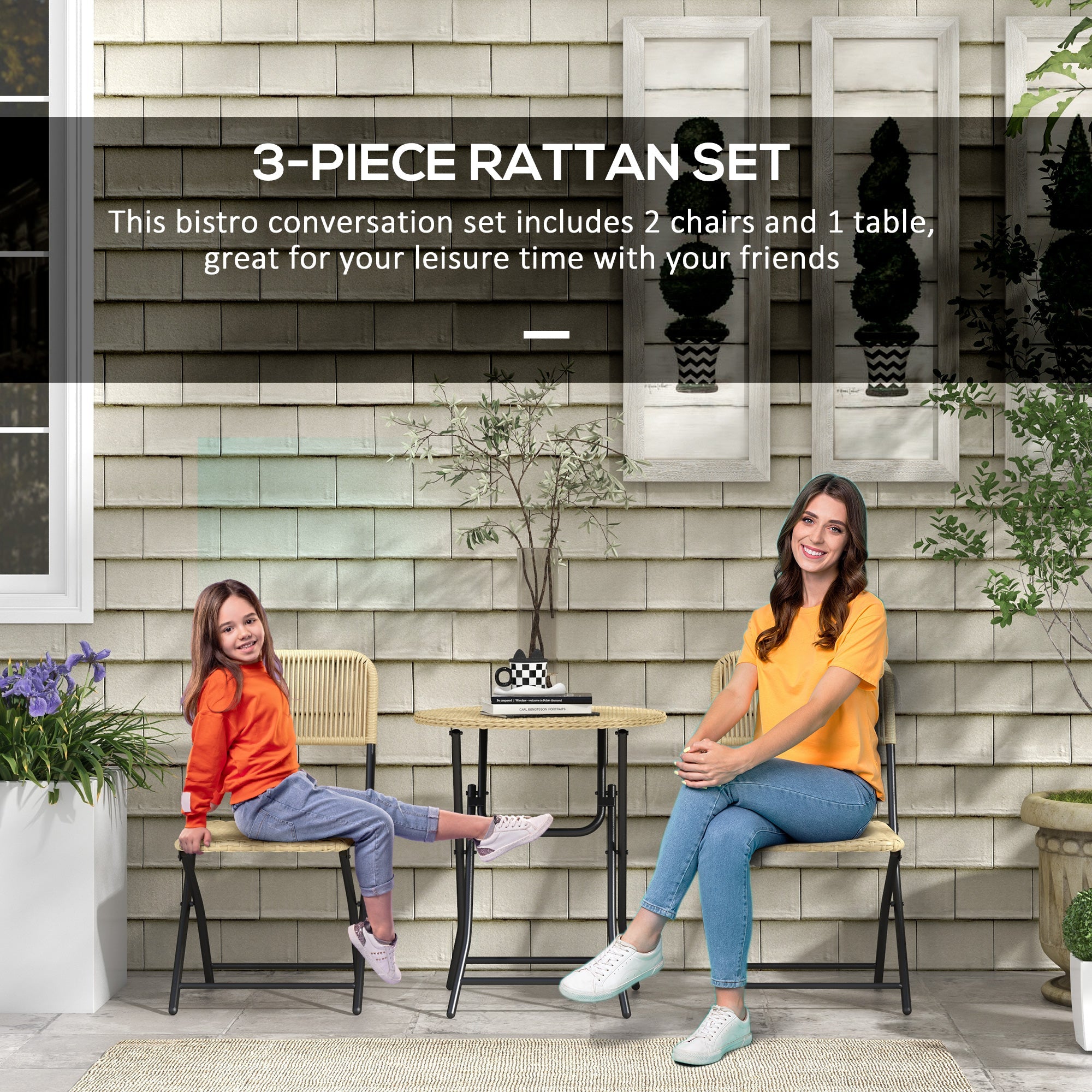 Set Tavolino e 2 Sedie Pieghevoli da Giardino  in Acciaio e Rattan Giallo e Nero