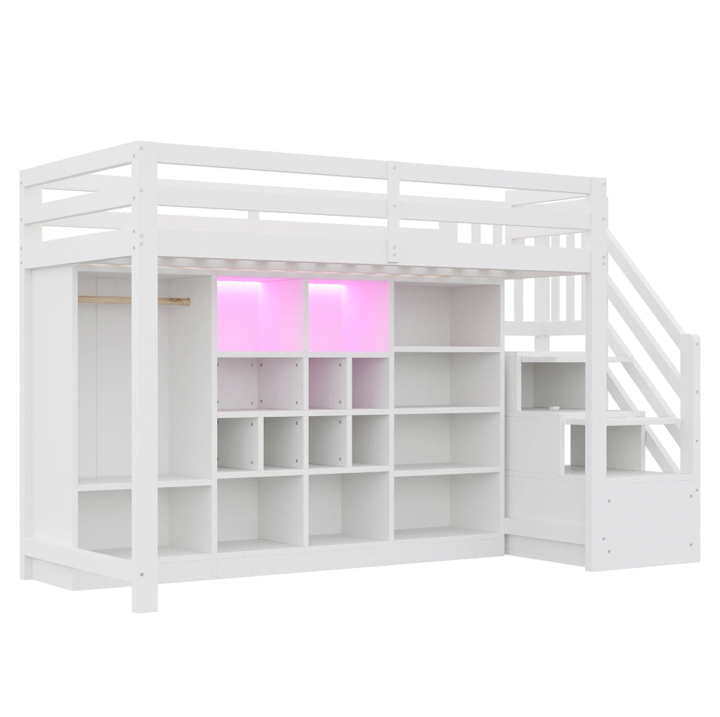 Letto a soppalco 90x200 cm in legno bianco con armadio integrato; ripiani e LED