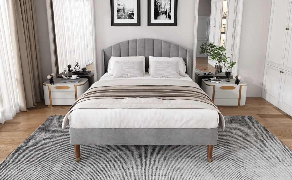 Letto imbottito matrimoniale con testiera imbottita e piedi da 20 cm, 160 × 200 cm, senza materasso, grigio