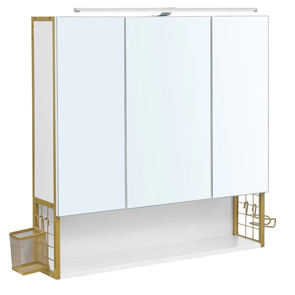 Mobiletto da bagno sospeso con specchio 70 x 14,5 x 70 cm con luce LED 3 ante ripiano regolabile portaphon stile moderno chic bianco e oro 12_0004037