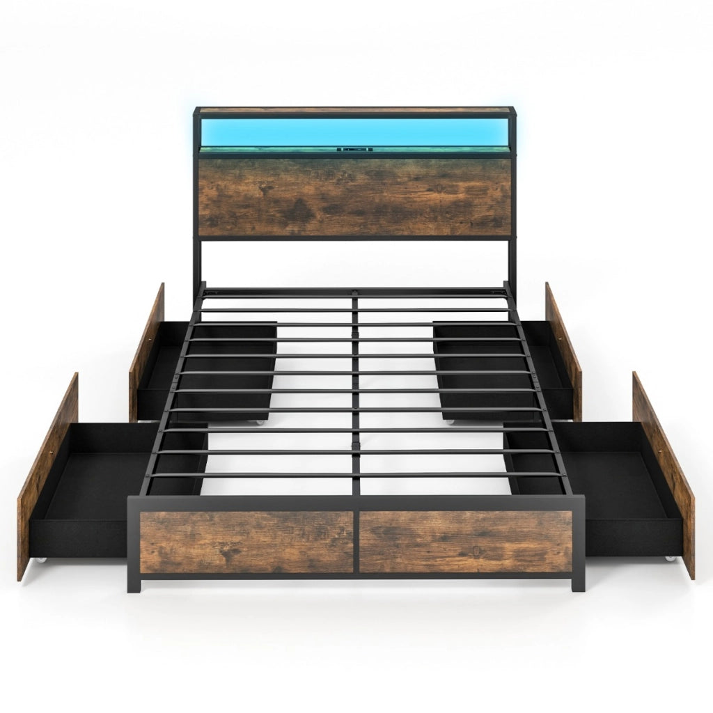 Letto matrimoniale con cassetti e testiera con led e presa multipla-Struttura letto in metallo 216x144x102cm