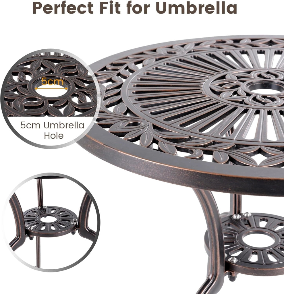 Tavolo da bistrot per esterni, φ61 cm, con foro per ombrellone e poggiapiedi regolabili, resistente alle intemperie, balcone in alluminio pressofuso