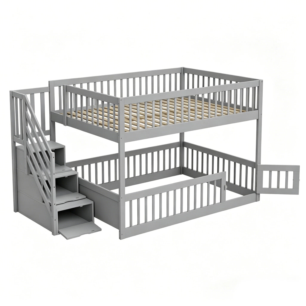 Letto a castello per bambini con scala e cassetti, 140x200 cm, grigio