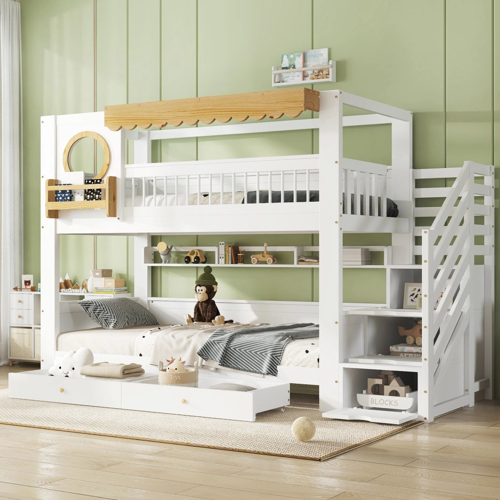 Letto a Castello 90x200 cm con Scala Contenitore; 2 Cassetti e Sponda in Legno