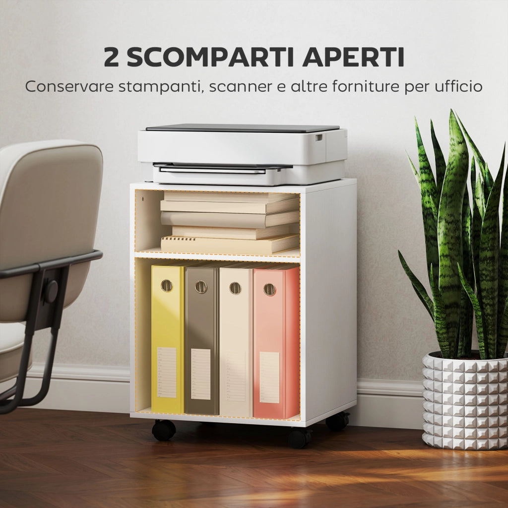 Mobile Porta Stampante con 2 Ripiani Aperti e Ruote 40x35x55.5 cm Bianco