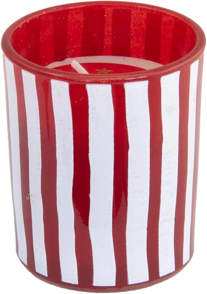 Set 4 Candele in Vasetto con Decorazioni Bianche e Rosse – Pois, Righe e Cuori – 5,5 x 5,5 x 6,5 cm