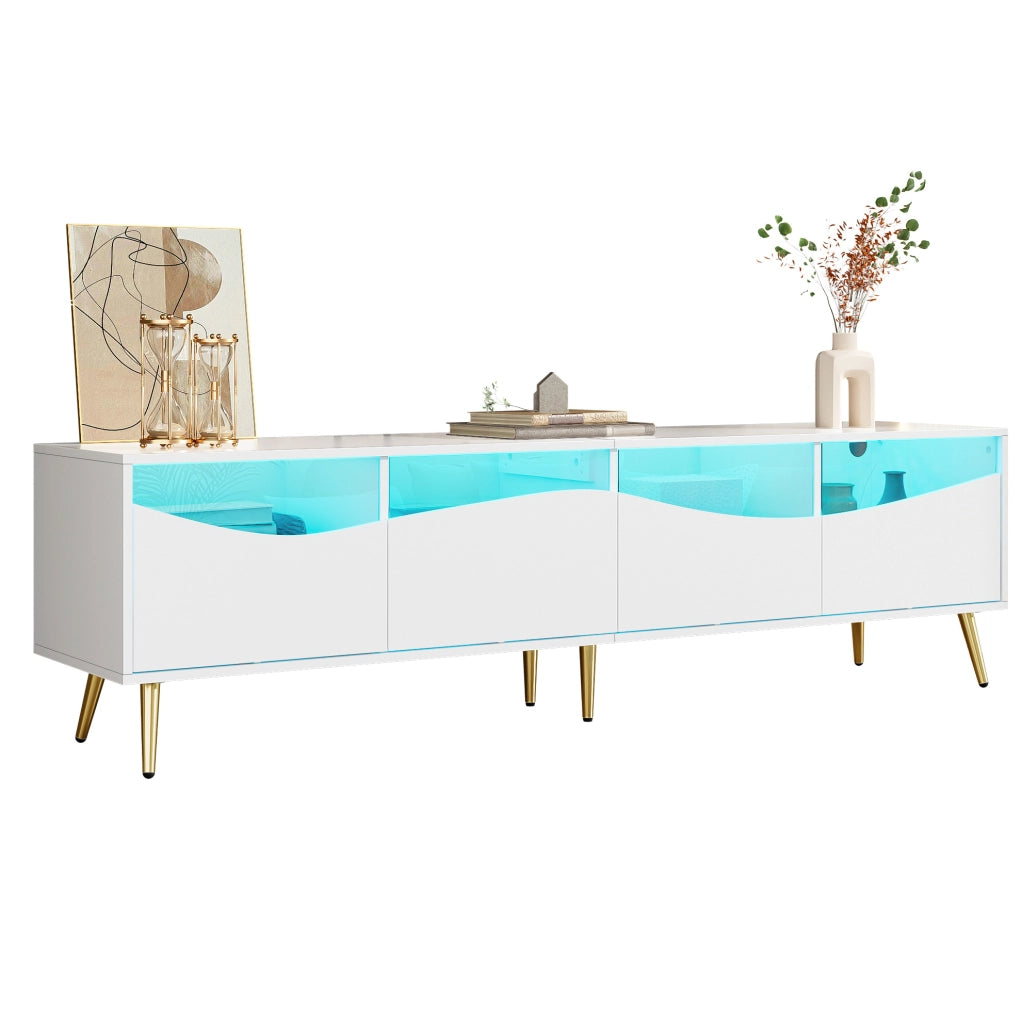 Mobile TV moderno 180 x 40 x 50 cm in MDF bianco con LED; frontali in vetro e cavi ordinati