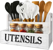 Supporto per utensili da cucina con compartimenti - Organizzatore da cucina in legno - 33,5 x 18 x 17,5 cm - Risparmio di spazio - Sostenibile - Design rustico - Organizzatore da cucina