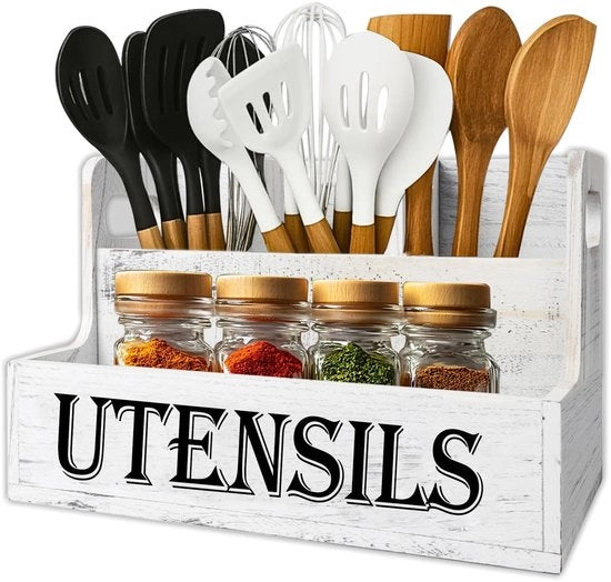 Supporto per utensili da cucina con compartimenti - Organizzatore da cucina in legno - 33,5 x 18 x 17,5 cm - Risparmio di spazio - Sostenibile - Design rustico - Organizzatore da cucina