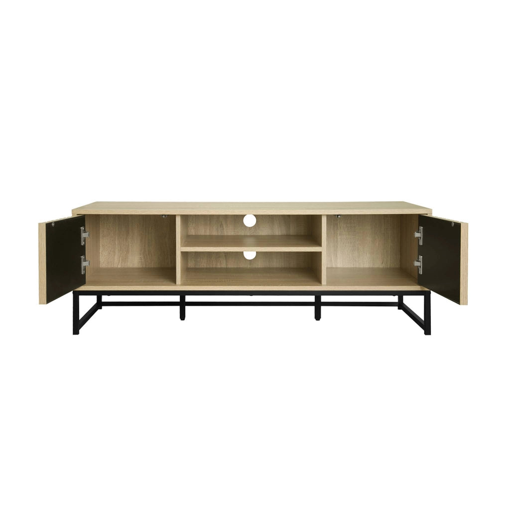 Mobile tv a 2 ante in legno scanalato e metallo nero, 120cm, marrone