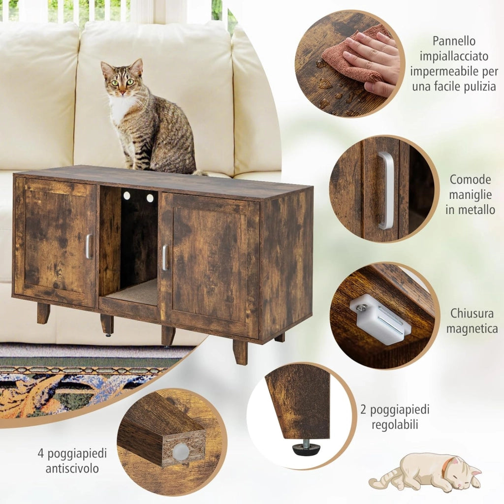 Mobile per Lettiera per Gatti 120 x 52 x 65 cm, Casetta per Gatti con 2 Ante, Fori, Tiragraffi e Gambe Staccabili, Mobile Versatile e Moderno per Salotto (Marrone e nero)
