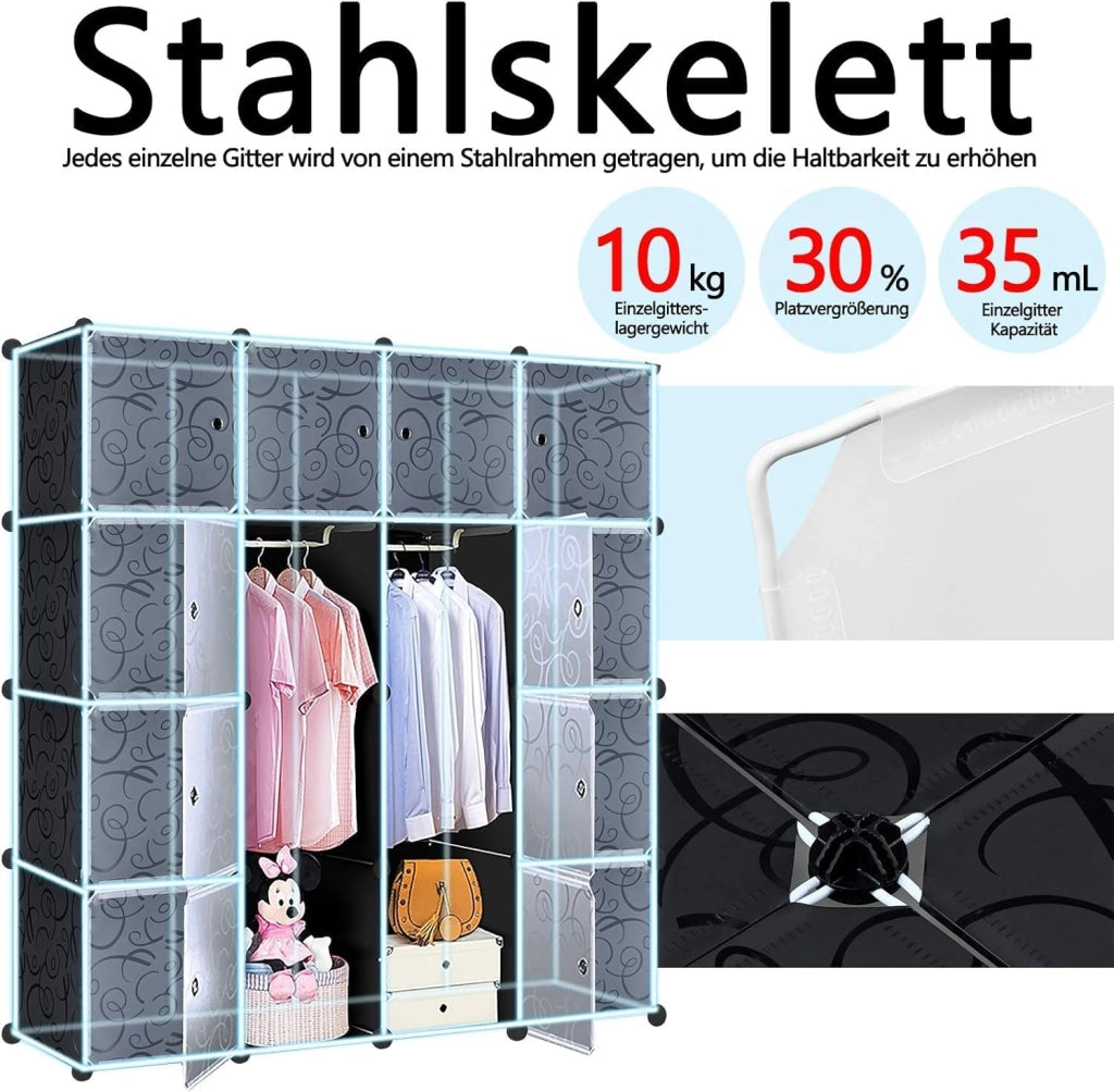 Armadio bianco con sistema di scaffalatura, 20 cubi, armadio guardaroba fai da te in plastica con porta, sistema di scaffalatura, 145 cm di larghezza