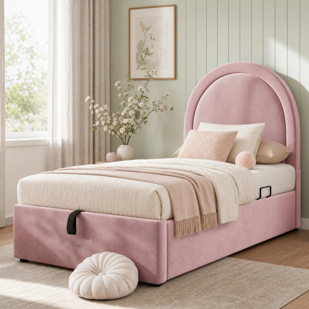 Letto imbottito singolo 90x190 cm con contenitore idraulico, velluto rosa
