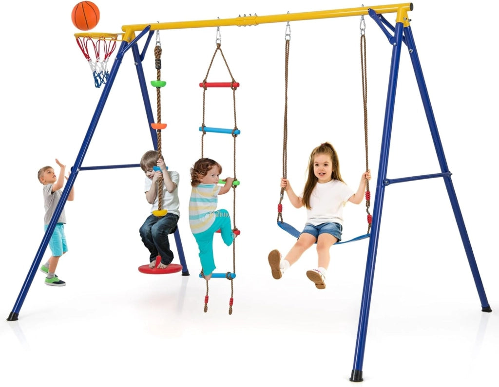 Set Altalena per Bambini Robusta, Set Altalena 4 in 1 con Canestro Basket, Altalena Regolabile, Scala e Disco con Corda, Giochi da Interno ed Esterno per Bambini 3-9 Anni, Portata 300 kg