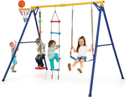 Set Altalena per Bambini Robusta, Set Altalena 4 in 1 con Canestro Basket, Altalena Regolabile, Scala e Disco con Corda, Giochi da Interno ed Esterno per Bambini 3-9 Anni, Portata 300 kg