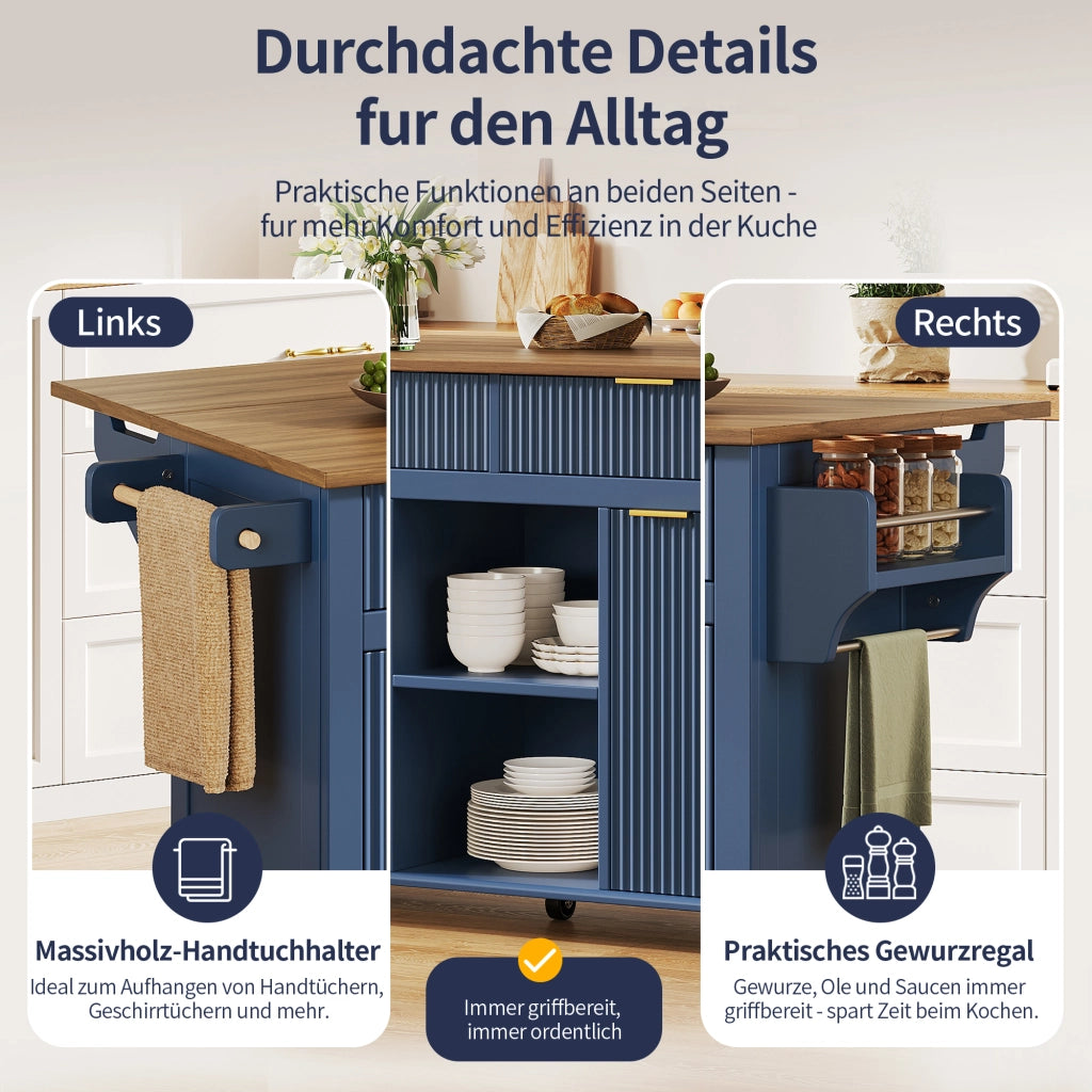ISOLA DA CUCINA SU RUOTE 143x45/69x89,5 cm MDF Blu/Marrone