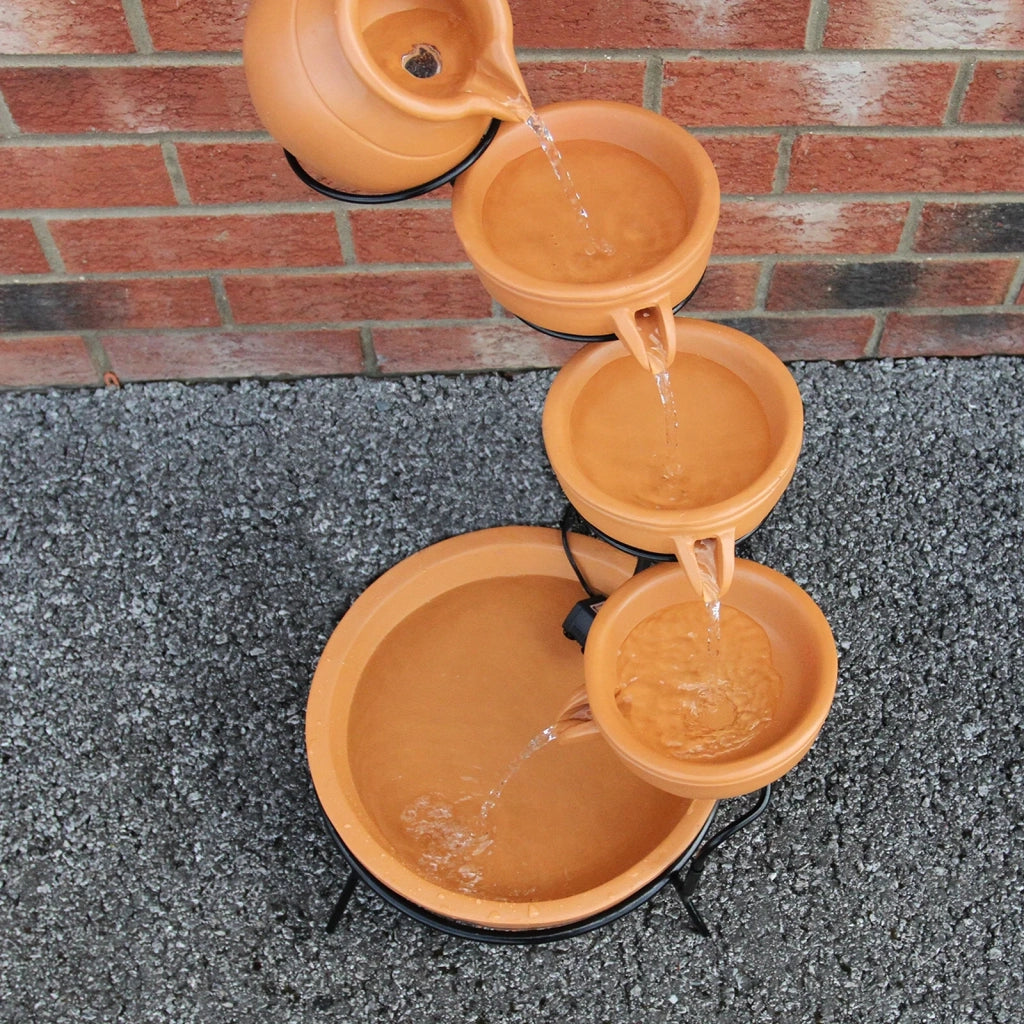 Fontana Solare a Cascata da Giardino con Batteria di Supporto da 6 Ore Fontanella con Pannello Solare e Picchetto Fontanella a Vasi Fontana con Ciotole - Terracotta