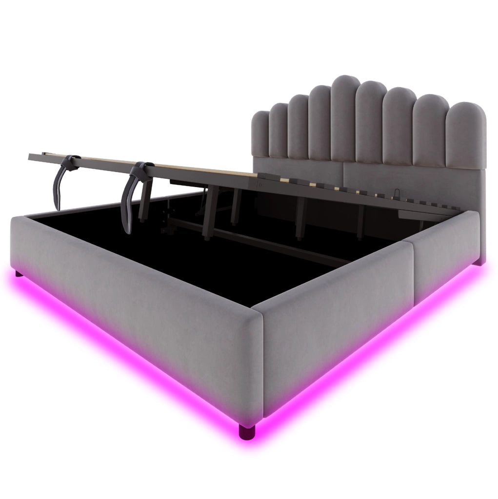 Letto imbottito 180x200 cm con contenitore idraulico e LED in velluto grigio