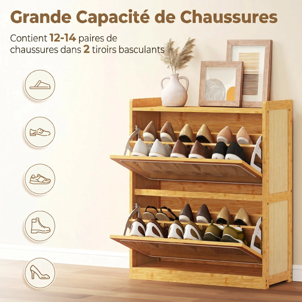 Scarpiera con 2 cassetti ¨C zephmum ¨C 69x29x83cm, legno naturale
