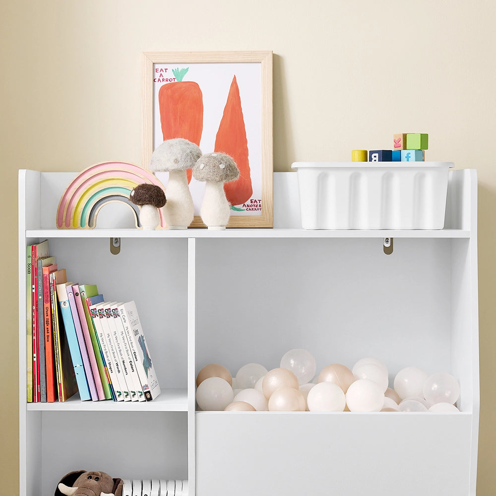 SoBuy Libreria Montessoriana per Bambini - Scaffale Portagiochi con 5 Scomparti Aperti - Libreria da Terra per Cameretta Bianco 80x34x104 cm KMB55-K-W