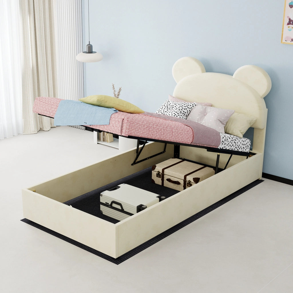 DESMIU Letto per bambini 90 × 200 cm 1 posto con vano contenitore, testiera, senza materasso, beige