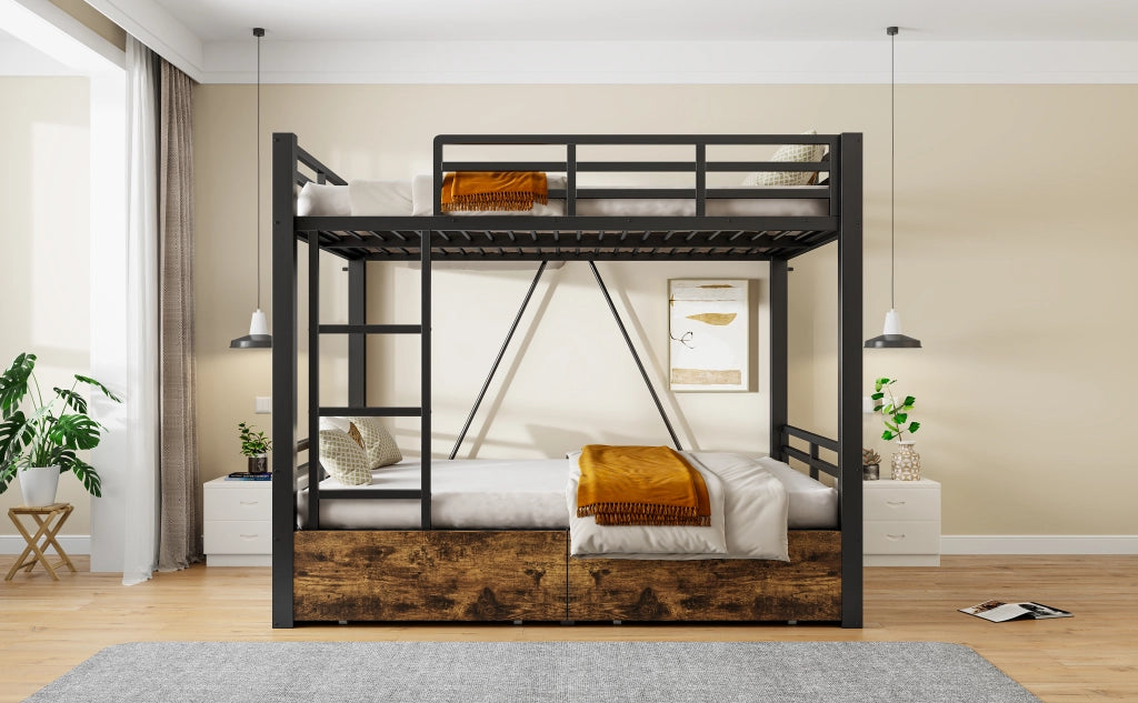 Letto a castello matrimoniale 140 × 200 cm con cassetti, scala e barriere di sicurezza, senza materasso, nero