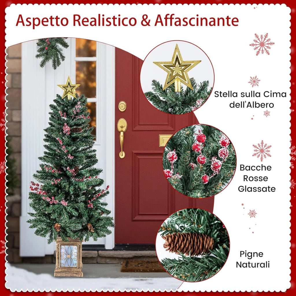 Set di 2 Alberi di Natale in Vaso con Pigne, Stella e Ghirlanda | Decorazione Natalizia per Camino, Ingresso e Festa con Corona e Bacche Rosse Ghiacciate