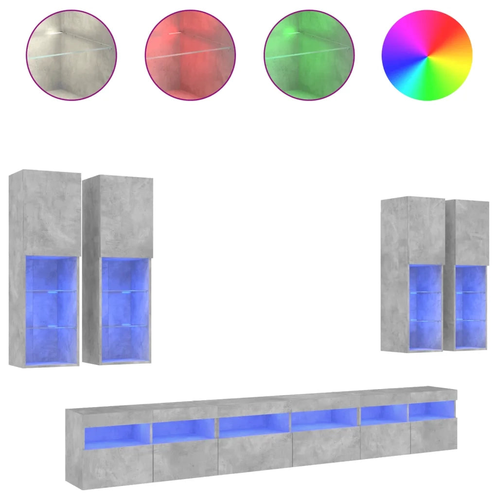 vidaXL Set Mobili TV a Muro 7 pz con Luci LED Grigio Cemento