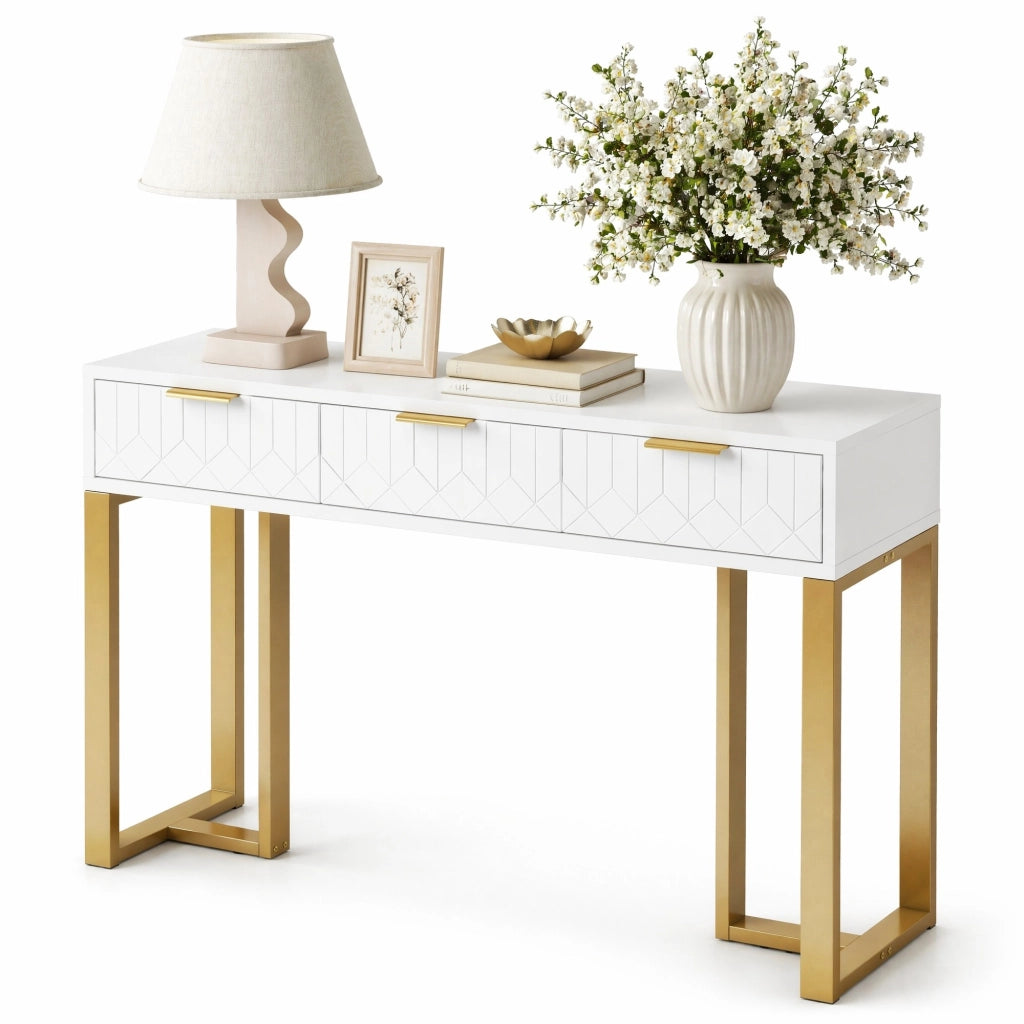 TAVOLO CONSOLLE con cassetti, bianco e oro, MDF