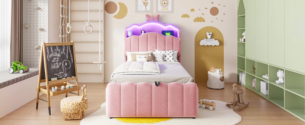 Letto per bambini 90 × 200 cm con contenitore idraulico, USB e Type-C, LED regolabile, sans materasso, en velluto rosa