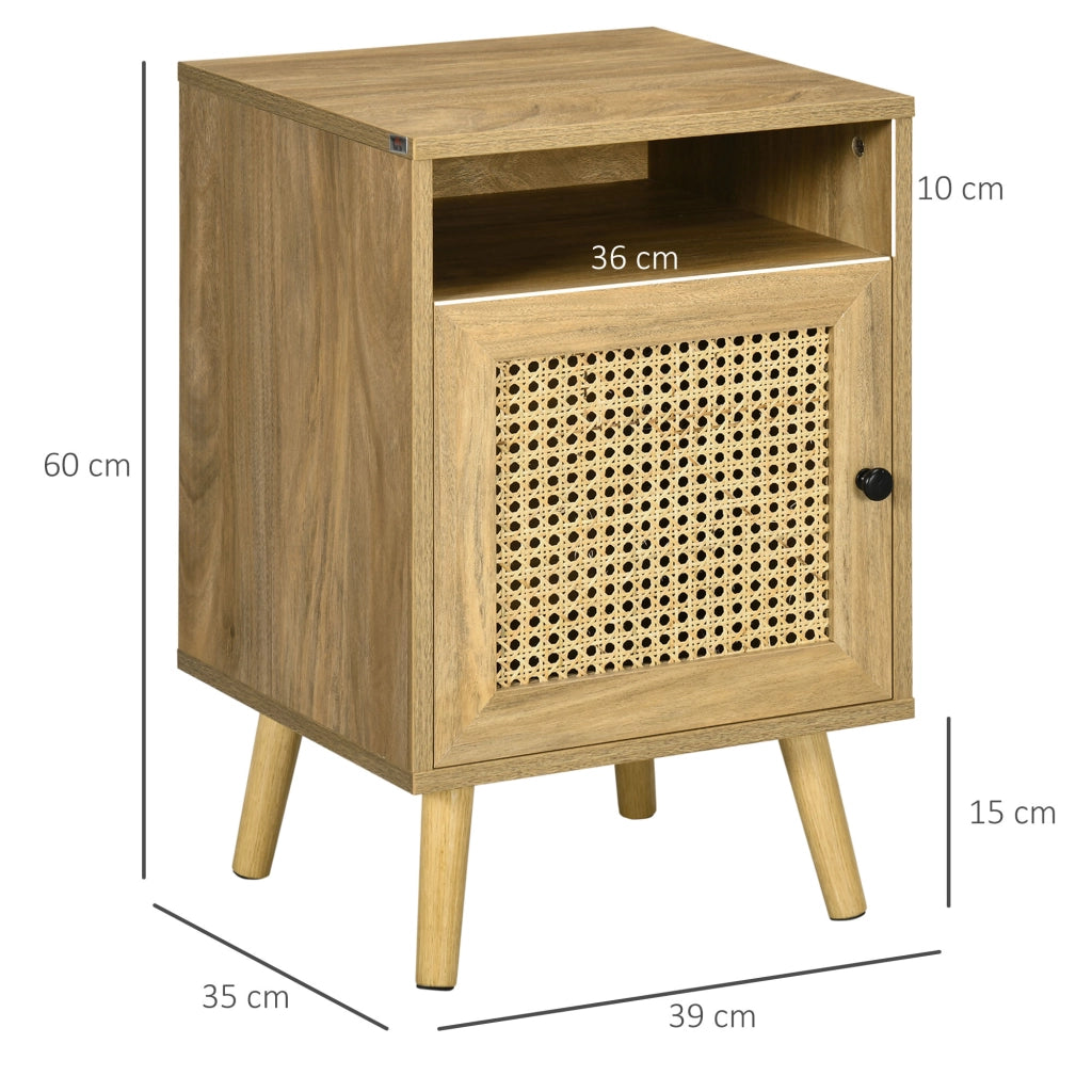 Set 2 Comodini in Stile Boho con Armadietto e Ripiano Aperto, in Truciolato, Rattan e MDF, 39x35x60 cm