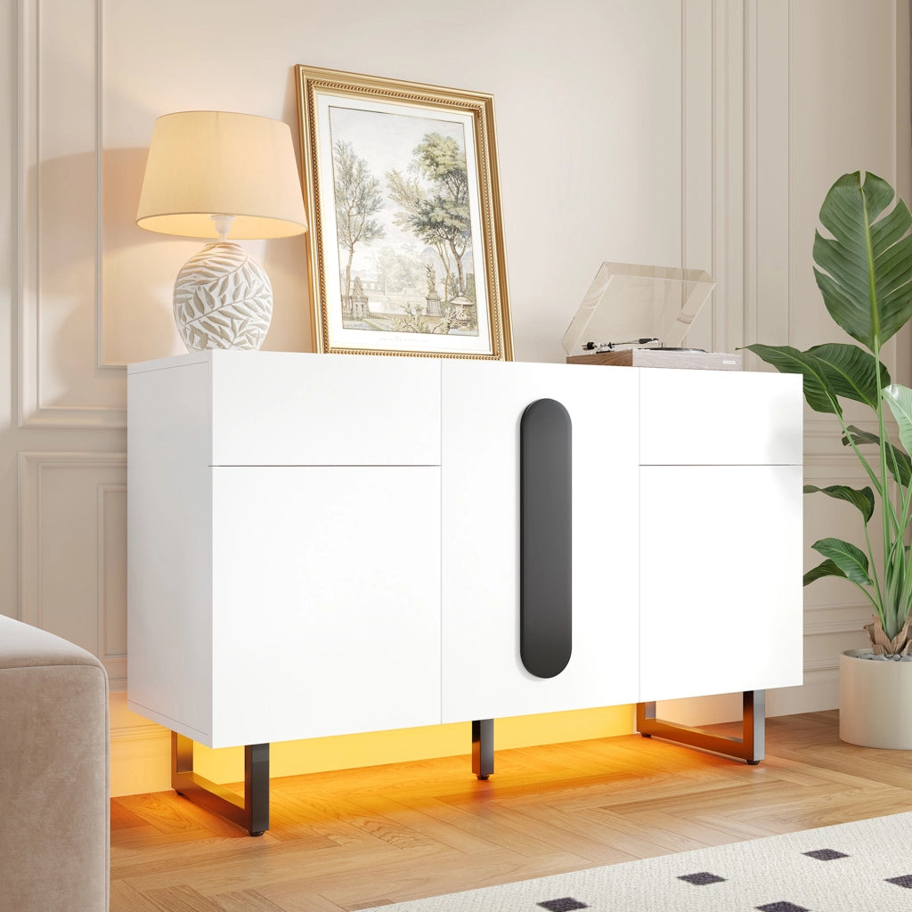 Credenza 120 cm ¨C Xylo ¨C Bianco con Maniglie Nere, Cassetti, Ante e Gambe in Metallo