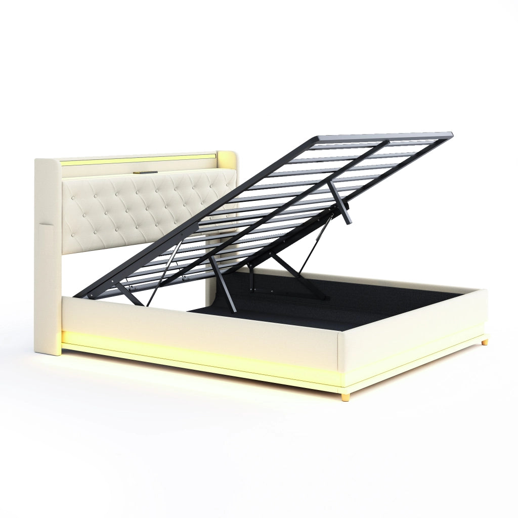 Letto Contenitore 160x200 cm; USB; LED Multicolore e in Tessuto Imbottito Beige