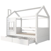 Letto Casetta 90x200 cm; Letto Singolo con 2 Cassetti e Finestre - in Pino - Bianco