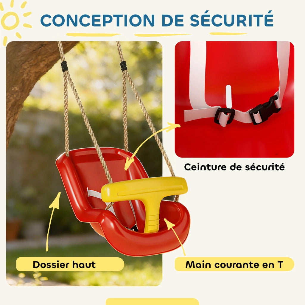 Altalena per bambini ¨C Xylo ¨C con schienale alto, barra di sicurezza, altezza regolabile, rosso e giallo
