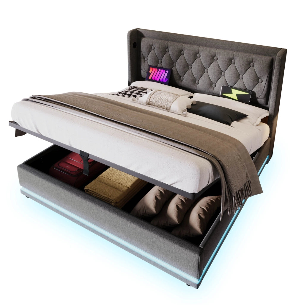Letto matrimoniale imbottito 160x200 cm grigio in cotone con contenitore; USB e LED
