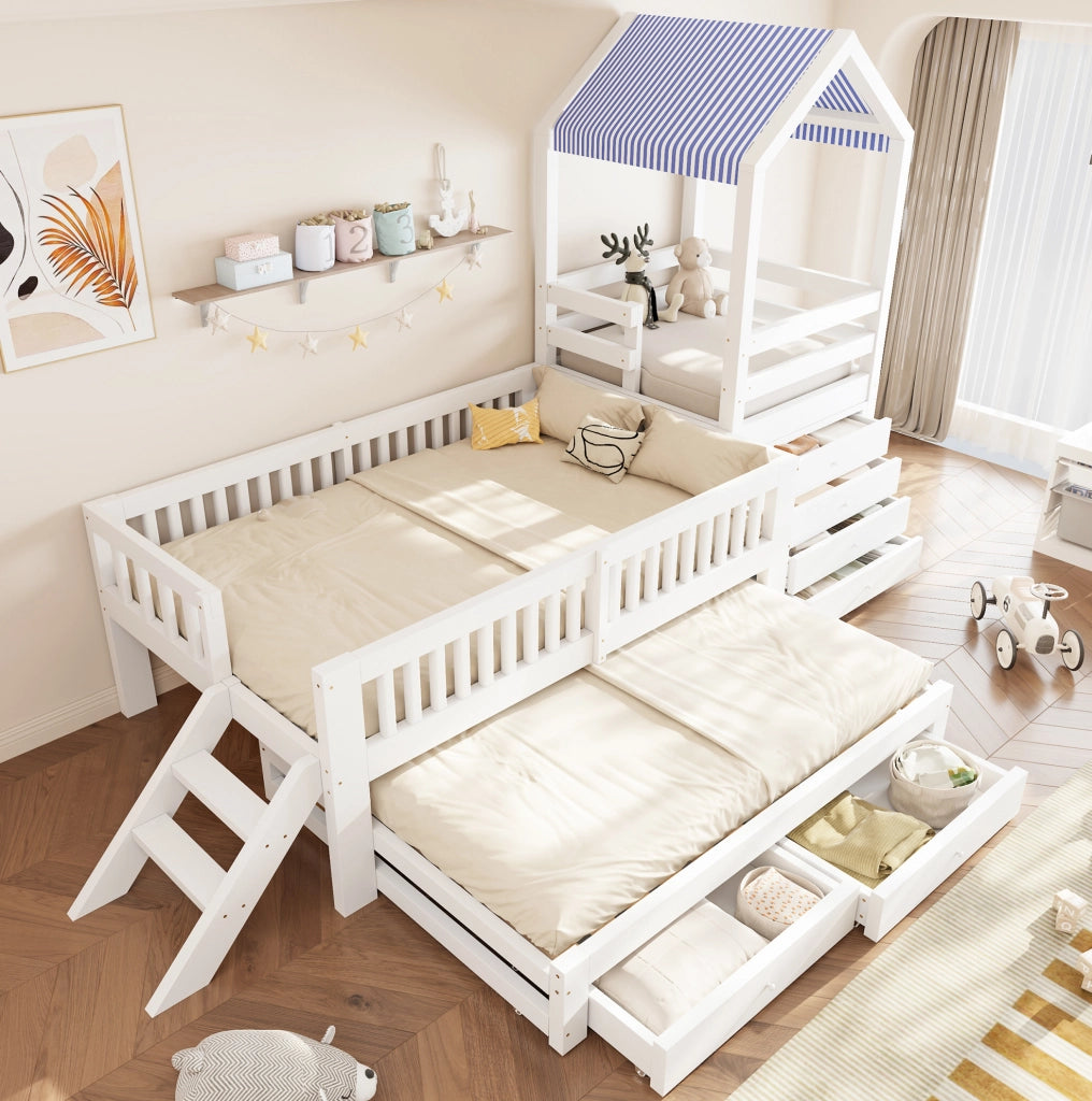 Letto per bambini a casetta 90x200 cm con letto estraibile; scala laterale e cassetti; bianco in legno massello