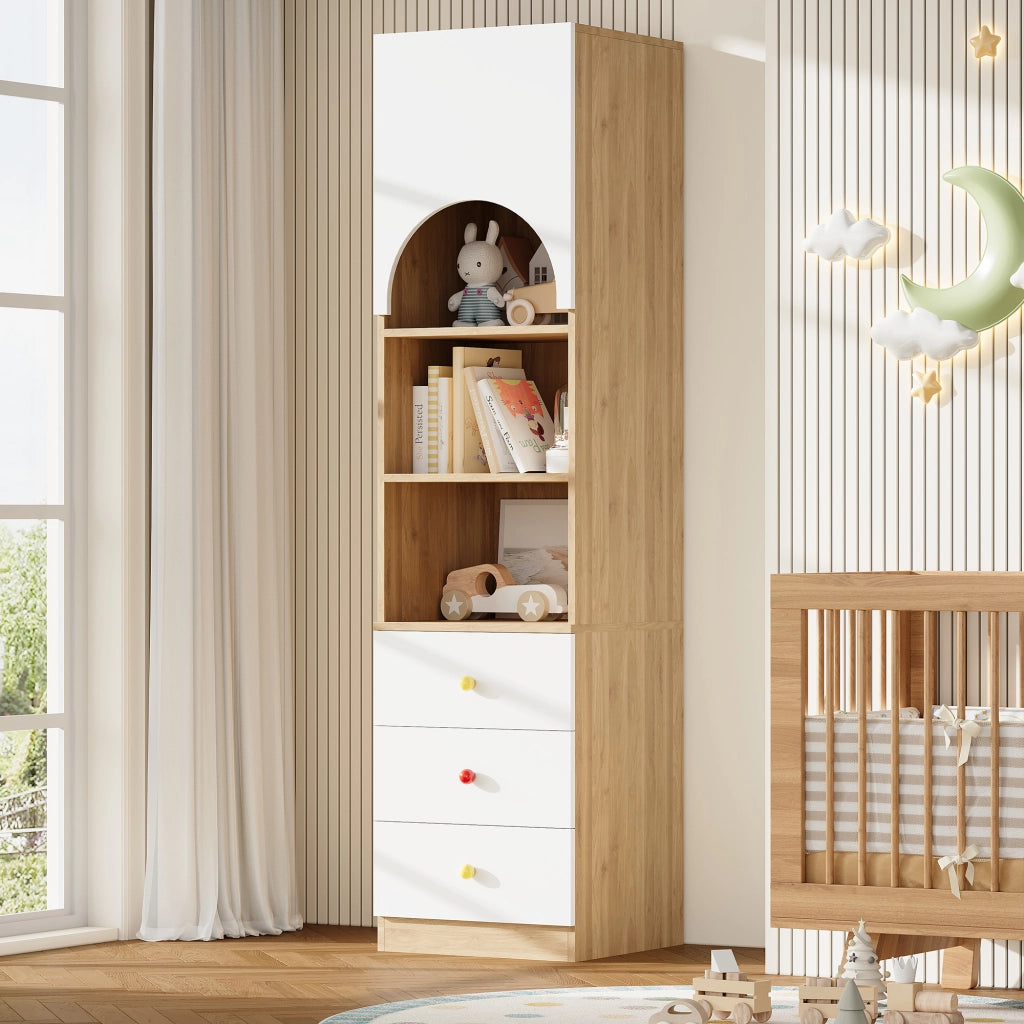 Libreria alta bianca e effetto legno con tre cassetti e tre ripiani in MDF