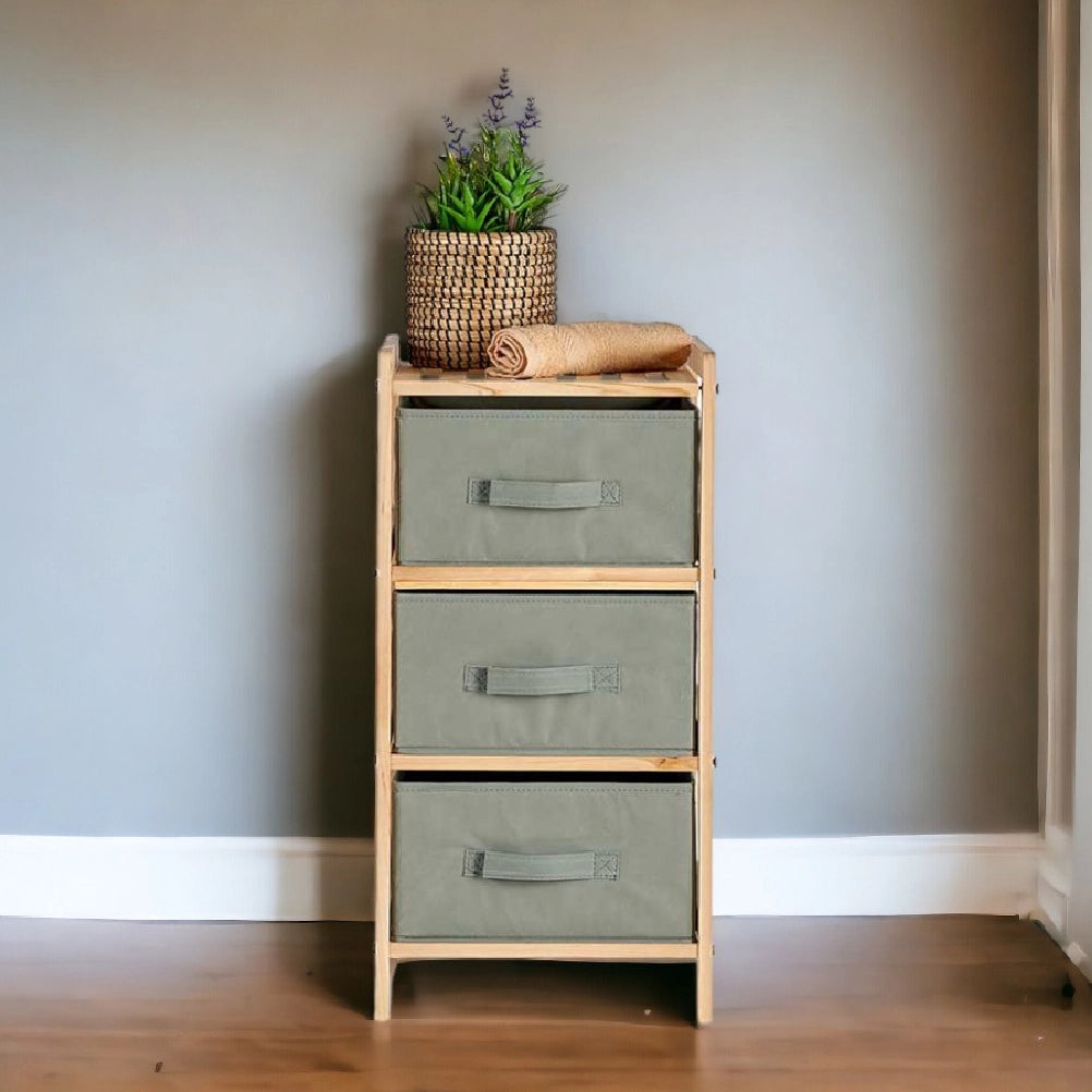 Mobile Cassettiera 3 Cassetti in Legno Naturale e Stoffa Colore Grigio H 66cm