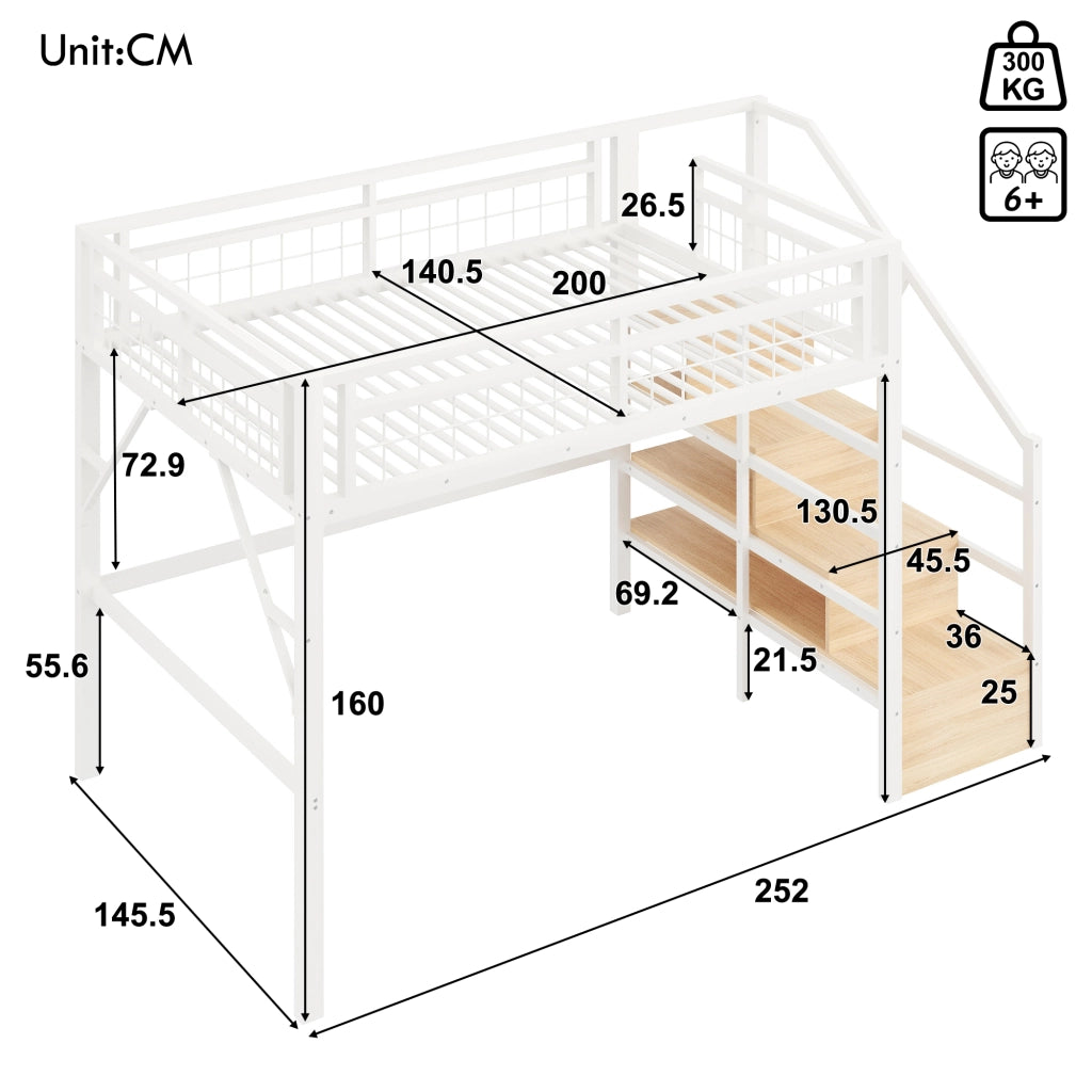 OKWISH Letto a Soppalco 140×200 cm, Letto Matrimoniale con LED Regolabile, Scala Contenitore e Spazio sotto Letto, senza Materasso, Bianco