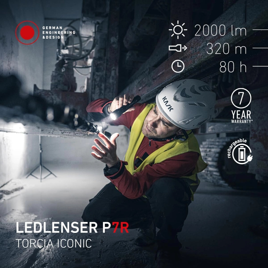 Ledlenser P7R Torcia LED ricaricabile, 2000 lm, 320 m, USB-C, IP68, 80 h, 4 modalità – Tattica per escursioni, emergenza