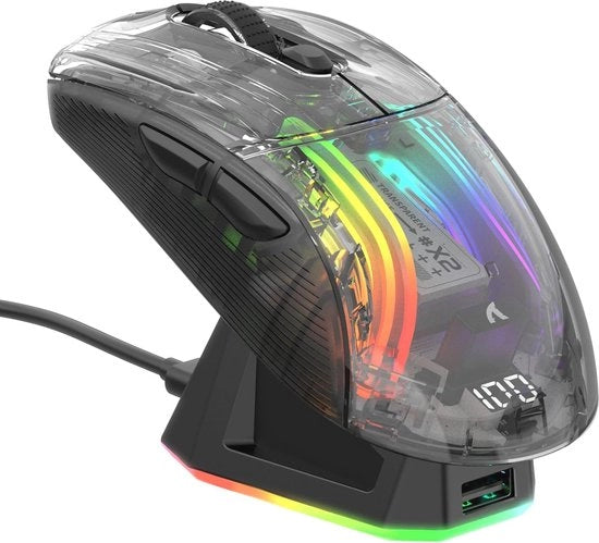 Mouse da Gioco Senza Fili con Caricatore - Ergonomico, Muis Bluetooth Silenzioso, RGB, 4000 DPI, Tri-modus (BT5.0/2.4G/BEDRAAD), Scala Transparente, per PC/Mac