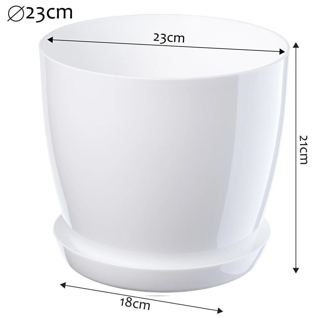 Vaso da fiori KADAX con sottovaso e coperchio in plastica, 23 cm, bianco lucido, rotondo.