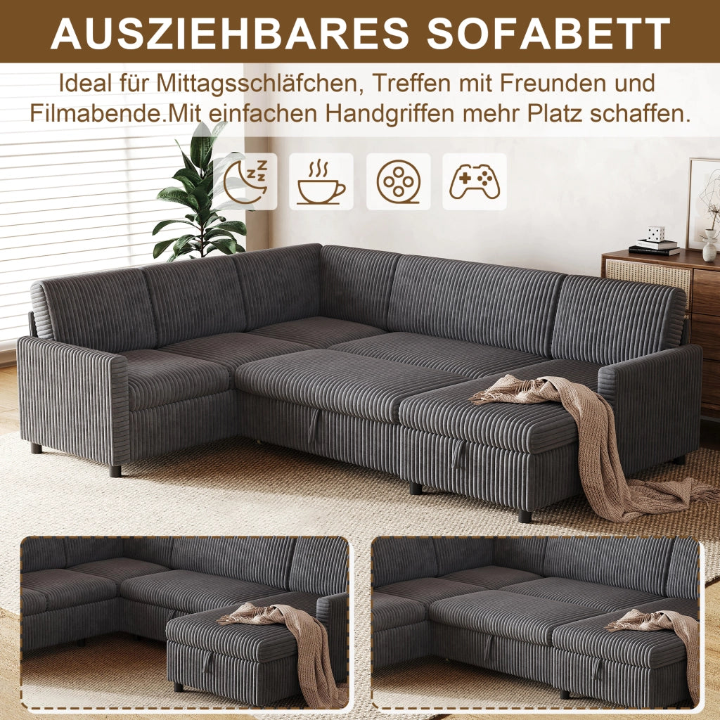 Divano panoramico a U convertibile con letto, contenitore e tessuto a coste, grigio 274 × 220 × 85 cm