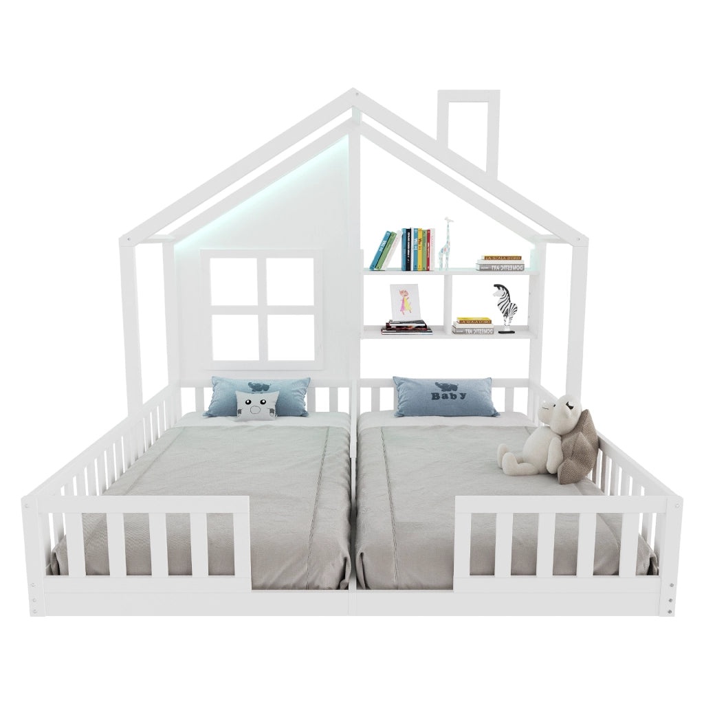 Letto per bambini a forma di casa con LED e doghe, 90x200 cm, bianco