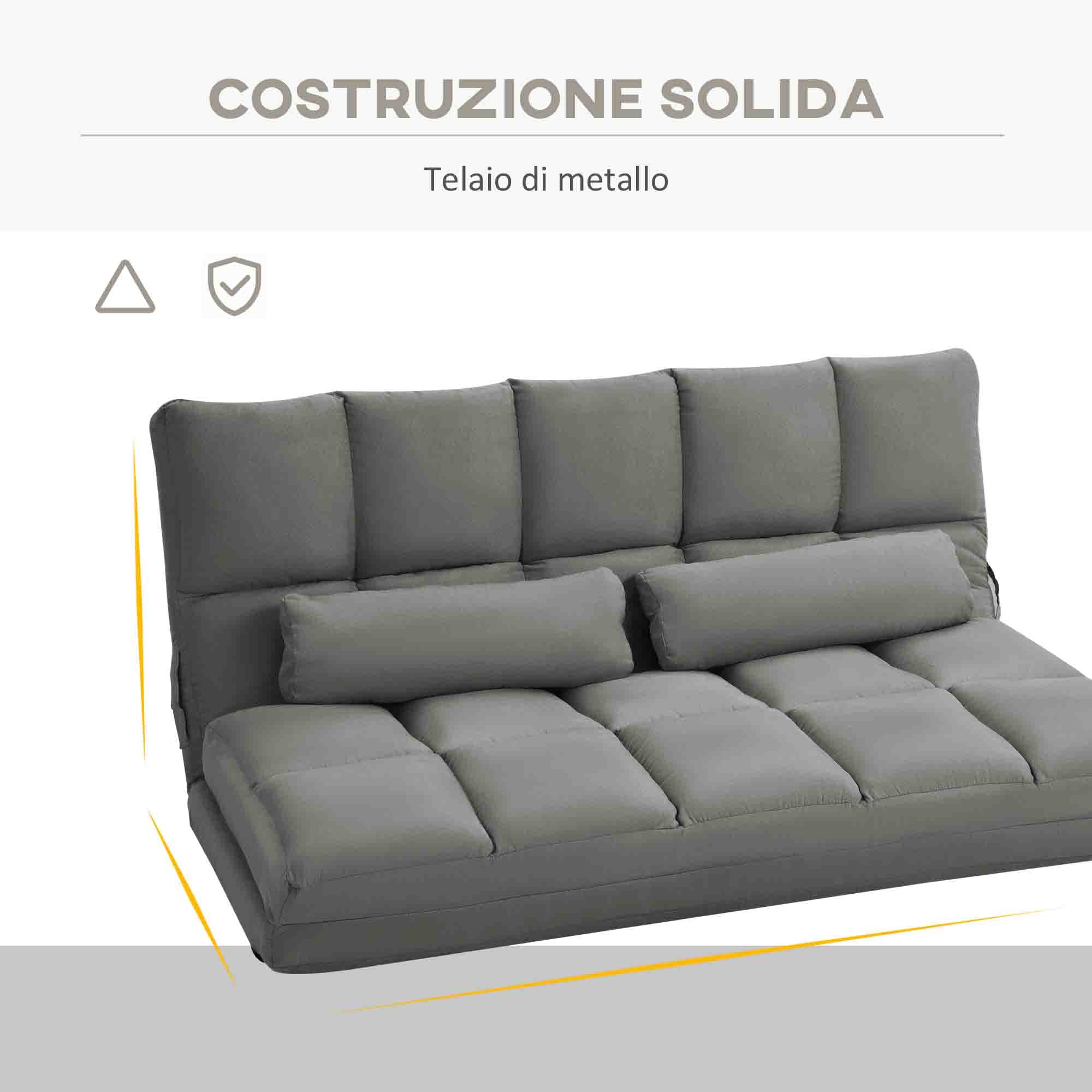 Divano Letto da Terra 130x73x60 cm con Schienale Reclinabile su 7 Livelli e Cuscini Grigio Carbone