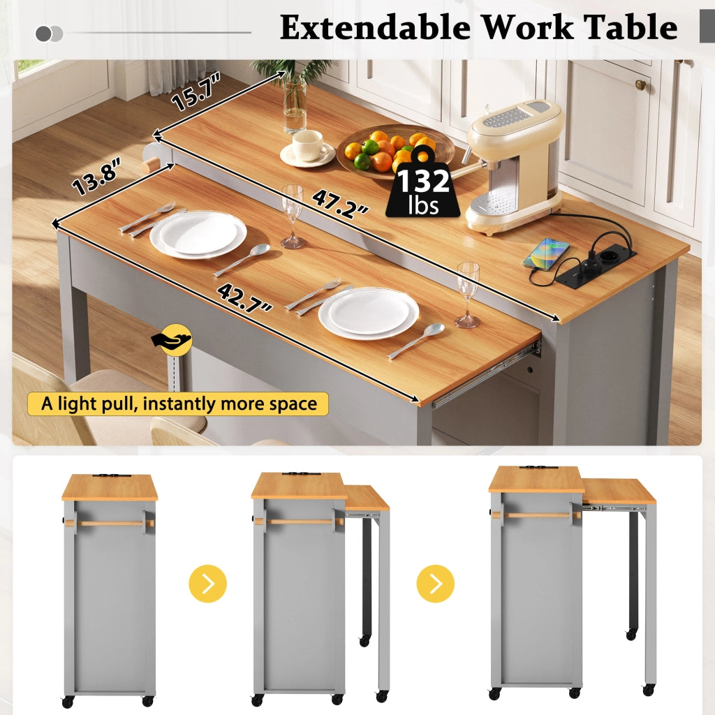 Carrello da Cucina con 2 Ante; Ripiani Regolabili; Piano Estensibile; Prese e Vano Pattumiera; per Cucina; in MDF; 120 x 40-75 x 92 cm; Grigio