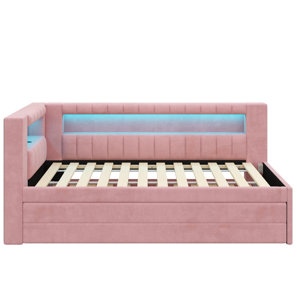 Letto singolo imbottito 90x200 rosa con LED; USB; letto estraibile e 3 cassetti