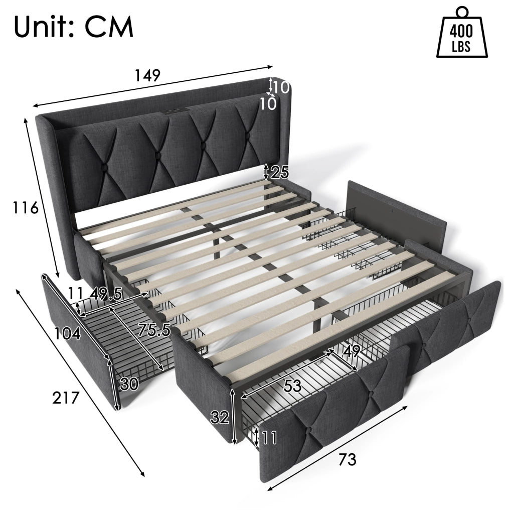 Letto matrimoniale 140x200 cm con 4 cassetti; USB e prese; tessuto grigio